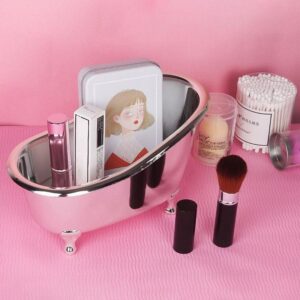 Mini Bathtub Sundries Storage Box, Small Bath Tub Makeup Organizer Container Soap Dish Holder Desktop Storage Accessories(Silver)