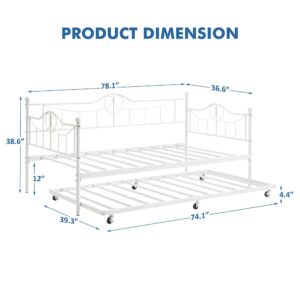 GAOMON Twin Day Bed with Trundle Bed Twin, Metal Daybed with Trundle, Daybed with Trundle Bed Frame, Steel Slat Support Sofa Bed for Kids Teens Adults, No Box Spring Needed, White