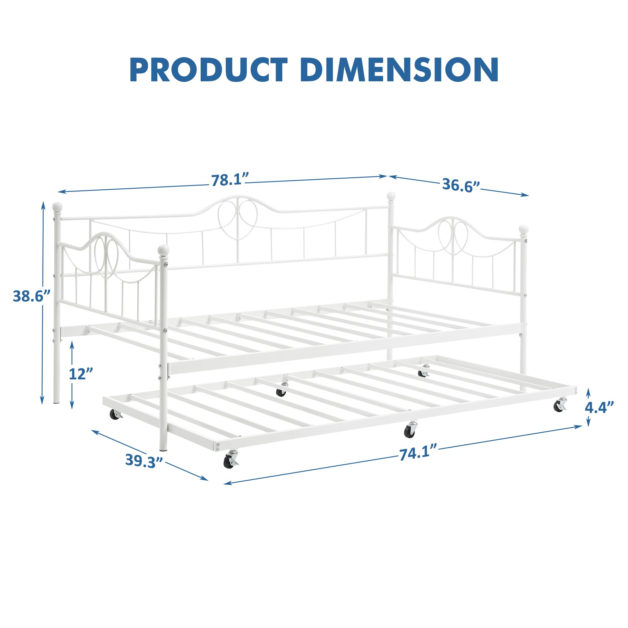 GAOMON Twin Day Bed with Trundle Bed Twin, Metal Daybed with Trundle, Daybed with Trundle Bed Frame, Steel Slat Support Sofa Bed for Kids Teens Adults, No Box Spring Needed, White