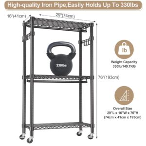 Maiproo Mini Clothing Rack Heavy Duty Clothes Rack with Wheels 3 Tiers Wire Shelving Adjustable with Double Rods and Side Hooks Rolling Clothing Racks for Hanging Clothes Coat Rack Freestanding