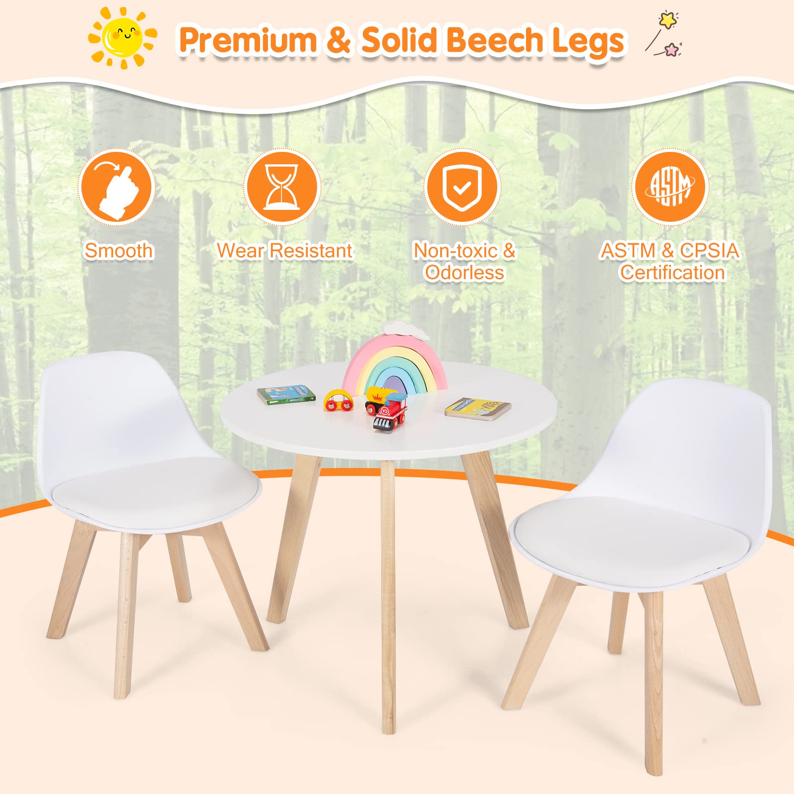 KOTEK Kids Table and Chair Set, Kids Activity Table and 2 Chair with Padded Seat for Ages 3-8, Toddler Table Set for Playroom, Kindergarten, Bedroom