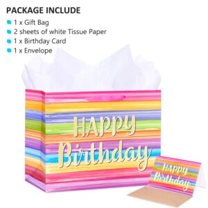 ZGORENDZ 14" Large Gift Bag with Matching Tissue Paper, Card & Envelope for Birthdays Party Colorful Happy Birthday Gift Bag