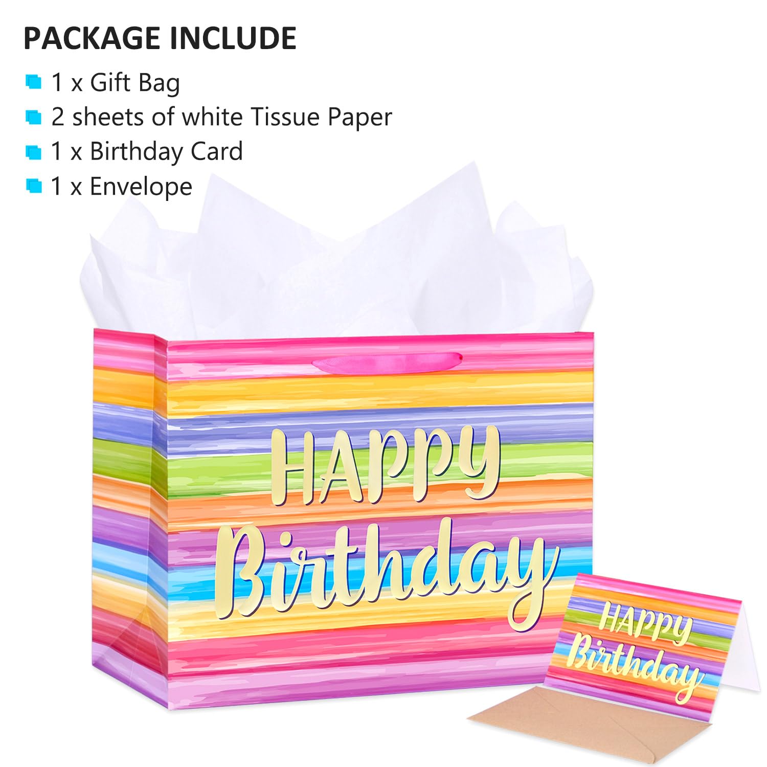 ZGORENDZ 14" Large Gift Bag with Matching Tissue Paper, Card & Envelope for Birthdays Party Colorful Happy Birthday Gift Bag