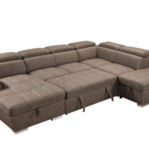 THSUPER 127'' Microfiber Oversized U-Shaped Sectional Sleeper Sofa Couch with Pullout Bed, 7 Seats Couch with Adjustable Headrests, Sofa with Storage Chaise and Ottoman for Living Room. Light Brown