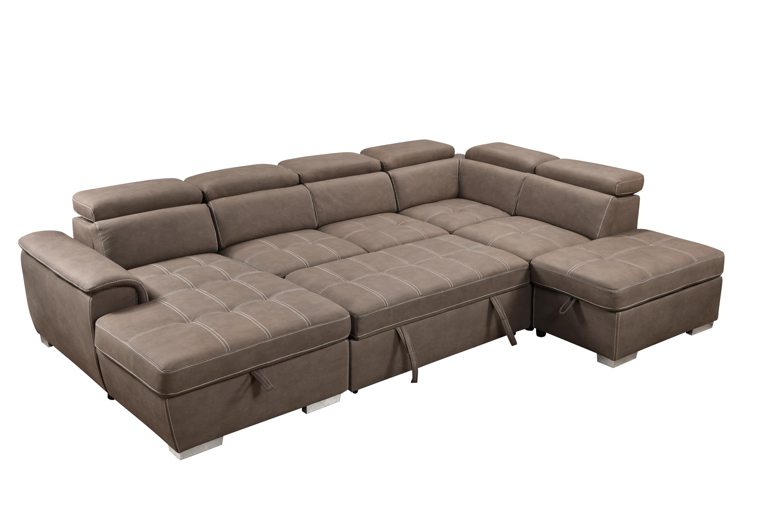 THSUPER 127'' Microfiber Oversized U-Shaped Sectional Sleeper Sofa Couch with Pullout Bed, 7 Seats Couch with Adjustable Headrests, Sofa with Storage Chaise and Ottoman for Living Room. Light Brown