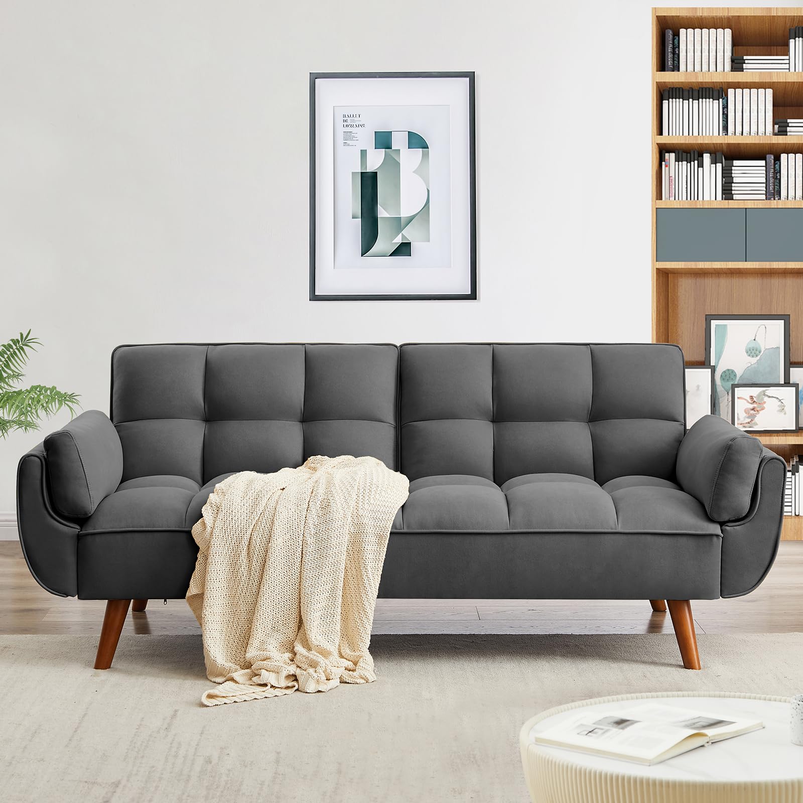 Homies Life Convertible Futon Sofa Bed, Linen Sleeper Couch, 75" W Modern 3 Seater Tufted Sofa with Solid Wood Legs and Adjustable Backrests for Small Spaces, Living Room, Bedroom, Dark Gray