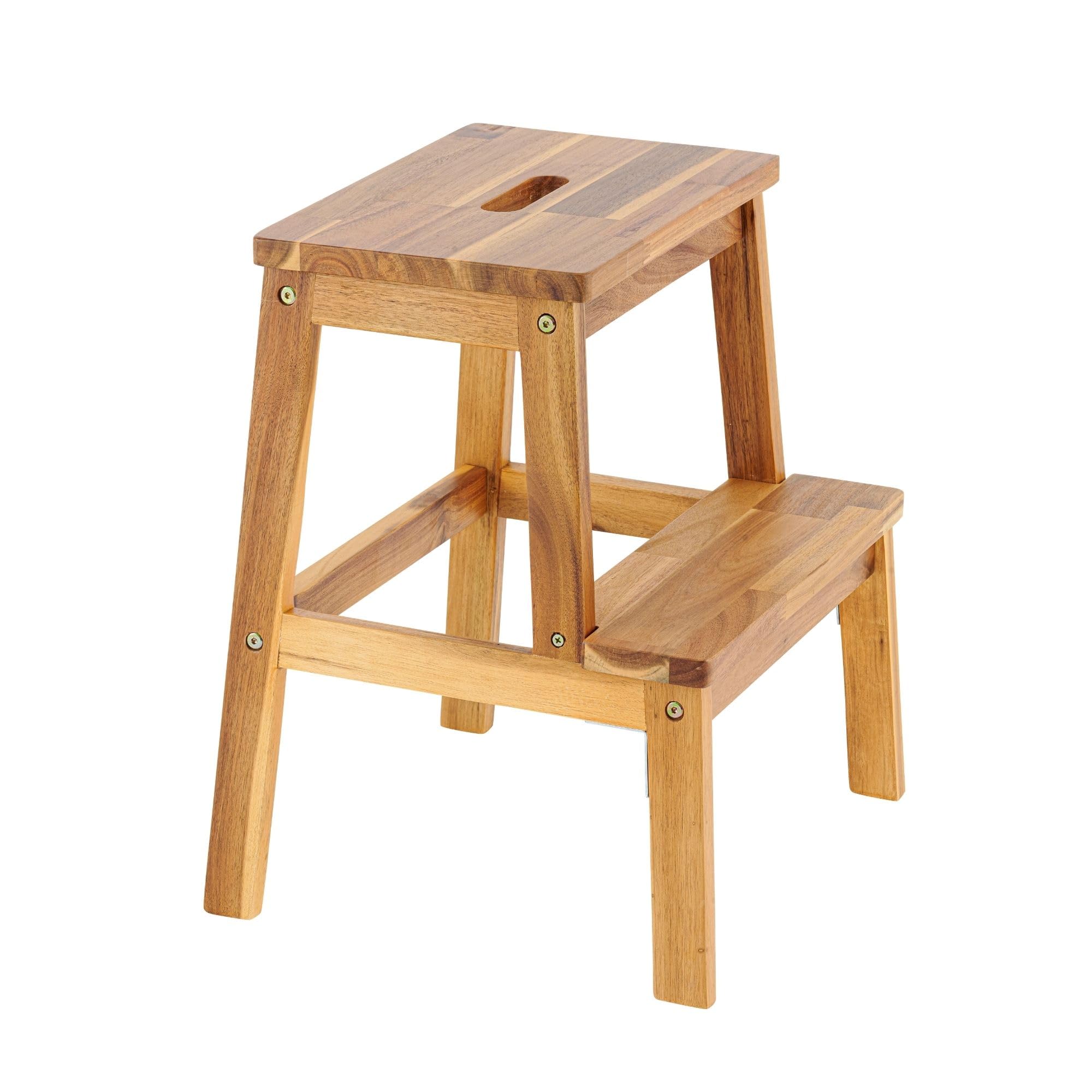 QKFF Step Stool for Adults and Kids, Acacia Wood 2-Step Stool with Anti-Slip Wider for Bedside, Kitchen Step Helper, Bathroom Bedroom Nightstand