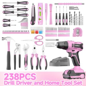 PULITUO 20V Cordless Pink Drill Tool Kit Set Power Drill Tool Box with Battery Electric Drill Driver 238-Piece Lady's Repairing Kit Toolbox Tools Sets