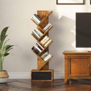 Rolanstar Bookshelf with Drawer, 7 Shelf Tree Bookshelf, Wooden Bookshelves Storage Rack for CDs/Movies/Books, Rustic Brown Bookcase, Utility Organizer Shelves for Living Room, Bedroom