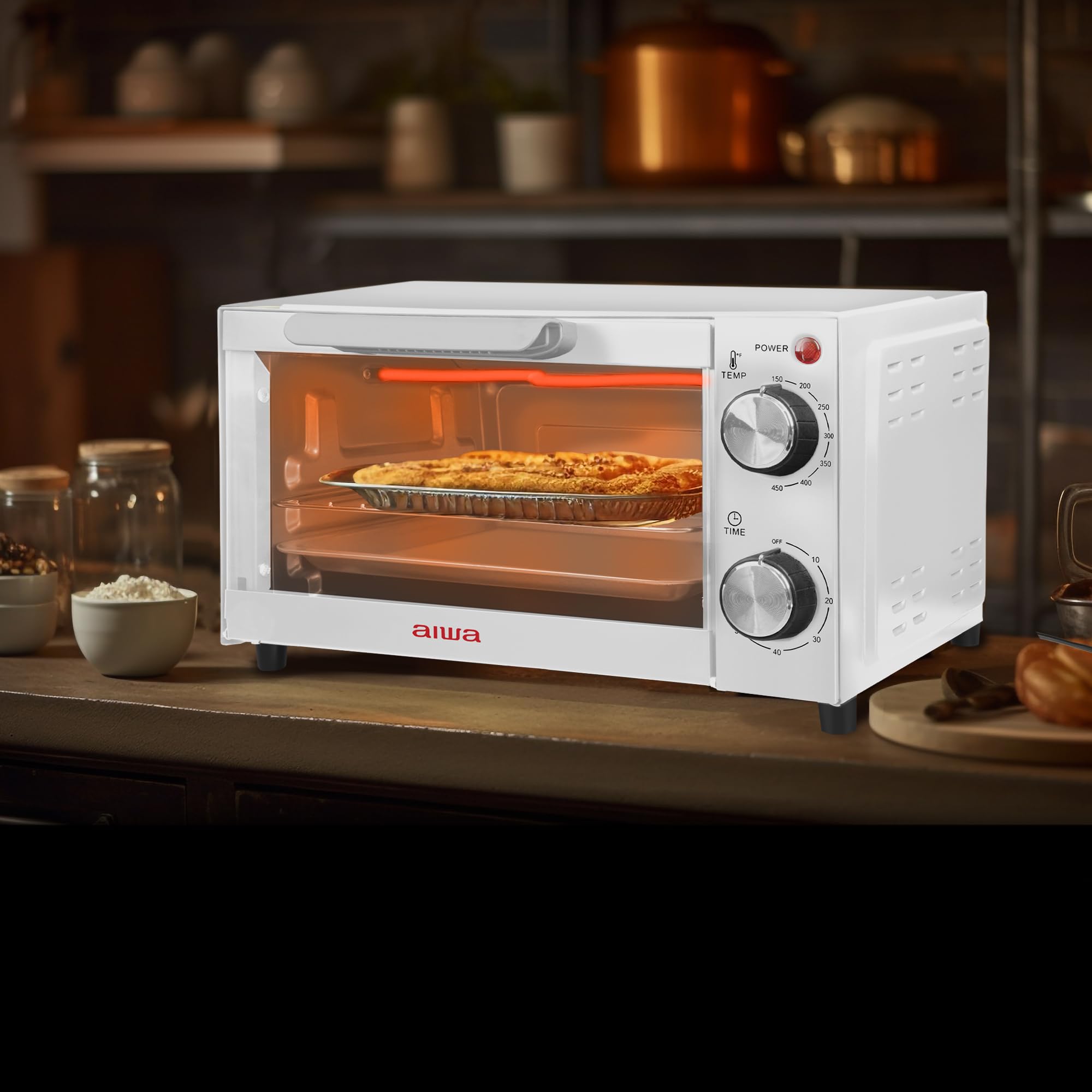 Aiwa 750W Toaster Oven 4 Slice with Baking Tray, Bake Toast Cook and Broil, Temperature Control, 60 Minute Timer Knob, Automatic Shutoff, Baking Tray and Crumb Tray Included