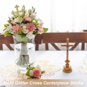 Menkxi 30 Pcs Baptism Gold Glitter Cross Centerpiece Sticks 10" Double Side Cross Baby Shower Cake Toppers Centerpieces for Tables Wedding Birthday Party Religious Christening Decoration