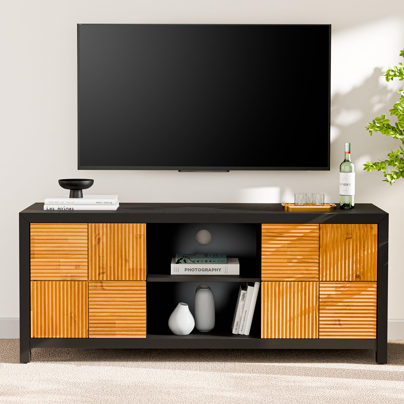 Bme Solid Wood Fluted TV Stand, Fully Assembled TV Media Console, Craft to Last Entertainment Center with Soft Close Door & Adjustable Storage Space, Spacious & Unique Entertainment Stand