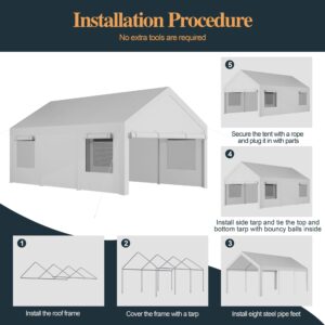 Shintenchi 10x20ft Heavy Duty Carport, Portable Garage with Removable Sidewalls, Door and Ventilated Windows, UV Resistant Waterproof Carport Canopy for Outdoor, All-Season Tarp for Car (White)