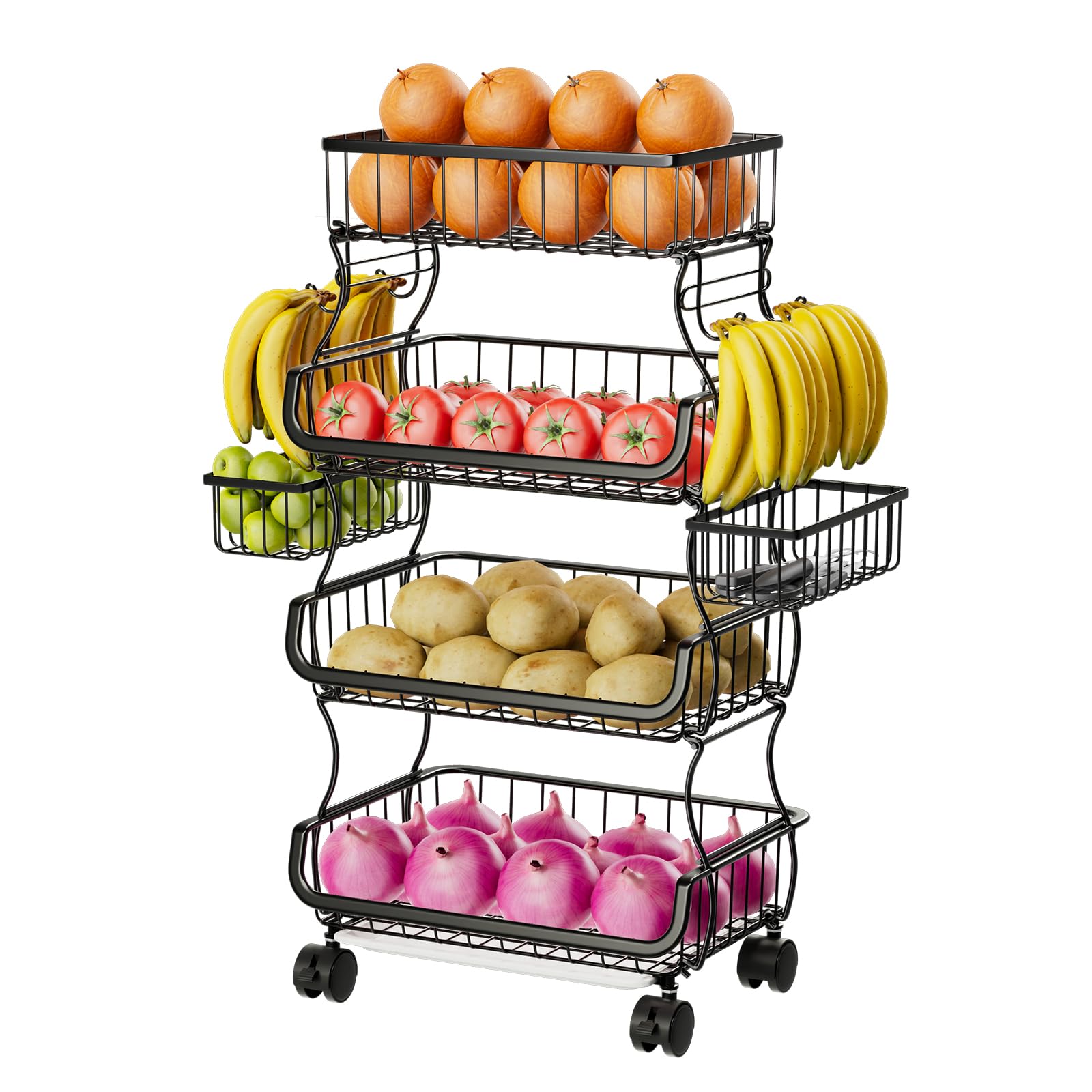 Simple Trending 4 Tier Rolling Cart, Stackable Fruit Vegetable Basket with Wheels and 2 Hanging Basket, Kitchen Storage Metal Wire Basket Stand for Vegetable Bread Snacks, Black