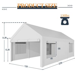 Shintenchi 10x20ft Heavy Duty Carport, Portable Garage with Removable Sidewalls, Door and Ventilated Windows, UV Resistant Waterproof Carport Canopy for Outdoor, All-Season Tarp for Car (White)