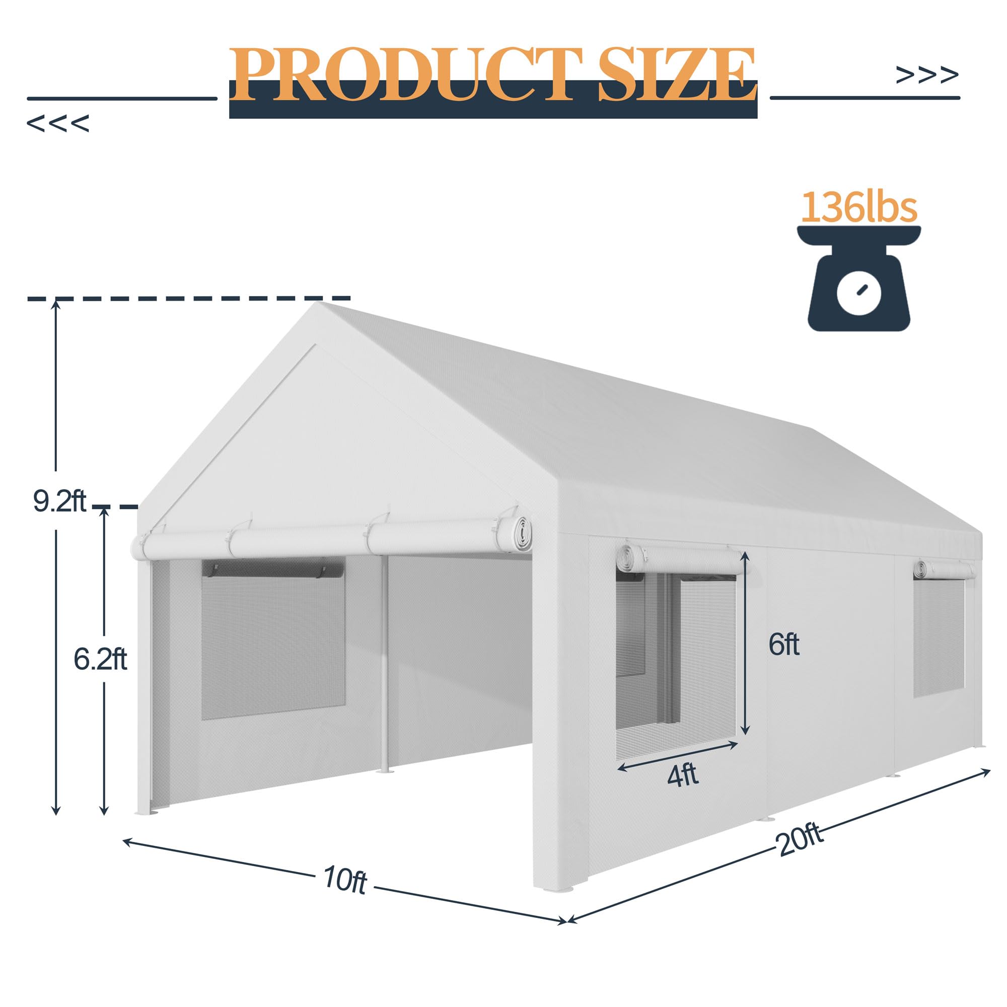 Shintenchi 10x20ft Heavy Duty Carport, Portable Garage with Removable Sidewalls, Door and Ventilated Windows, UV Resistant Waterproof Carport Canopy for Outdoor, All-Season Tarp for Car (White)