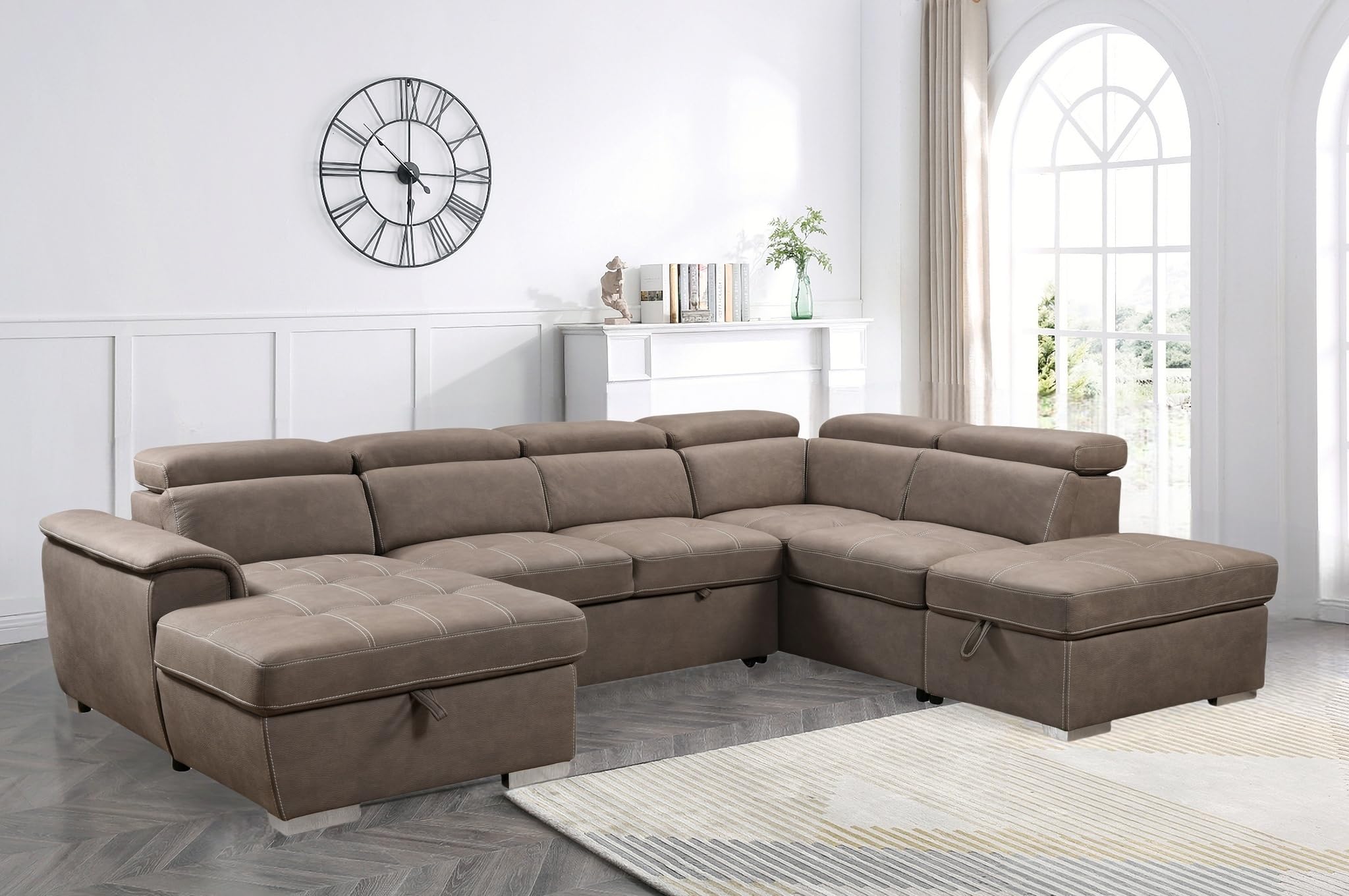 THSUPER 127'' Microfiber Oversized U-Shaped Sectional Sleeper Sofa Couch with Pullout Bed, 7 Seats Couch with Adjustable Headrests, Sofa with Storage Chaise and Ottoman for Living Room. Light Brown