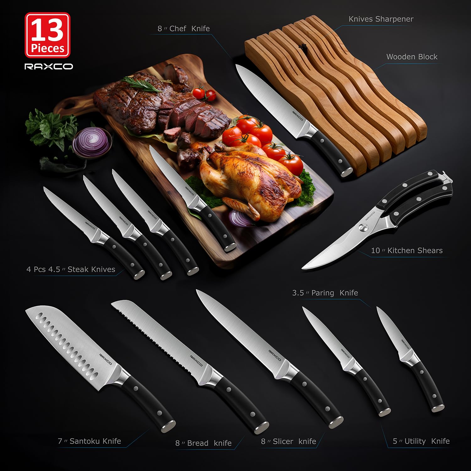 RAXCO Knives Set For Kitchen,13Pieces Kitchen Knife Set-6 Kitchen Knives,4 Steak Knifes,Drawer Knife Set With Built-in Sharpener