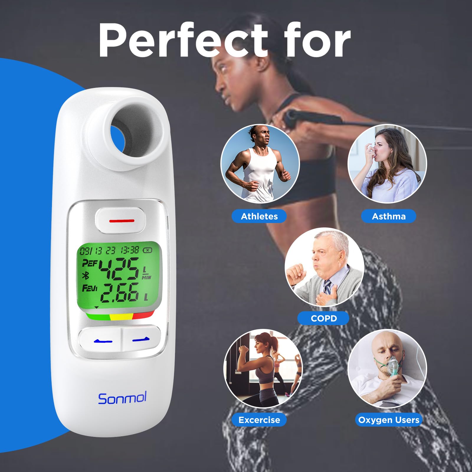 Peak Flow Meter，Portable Peak Flow Meter Test PEF & FEV1 for Kids Adults Asthma COPD & Other Lung Conditions Monitor, Tracking App Bluetooth Connection with 300 Records Storage Function