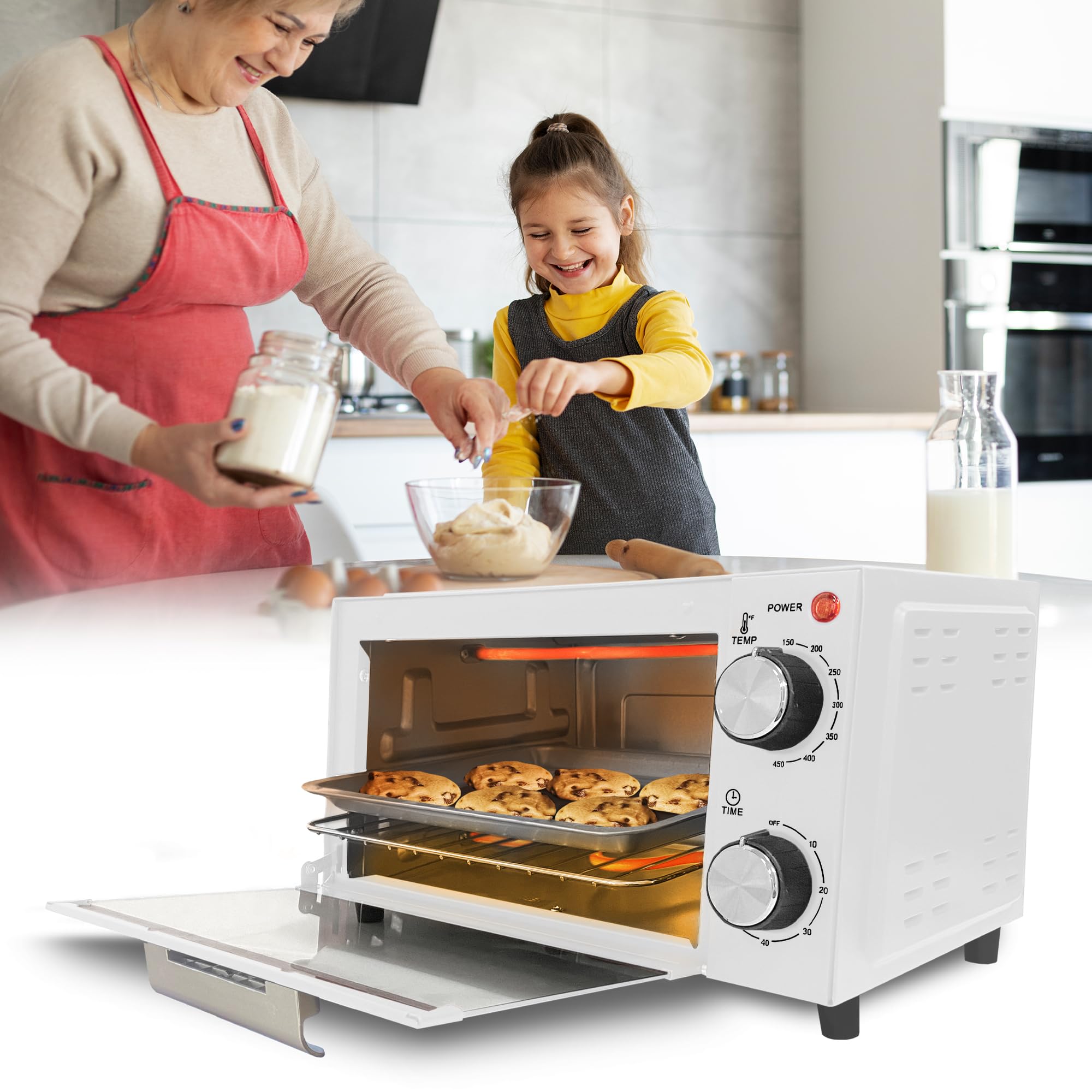 Aiwa 750W Toaster Oven 4 Slice with Baking Tray, Bake Toast Cook and Broil, Temperature Control, 60 Minute Timer Knob, Automatic Shutoff, Baking Tray and Crumb Tray Included