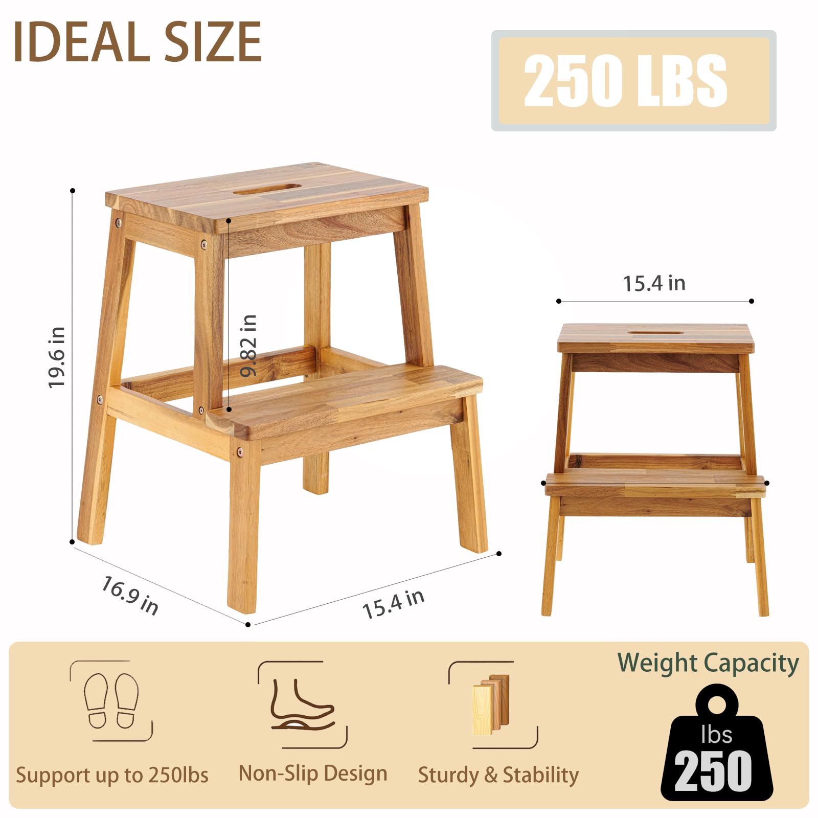 QKFF Step Stool for Adults and Kids, Acacia Wood 2-Step Stool with Anti-Slip Wider for Bedside, Kitchen Step Helper, Bathroom Bedroom Nightstand