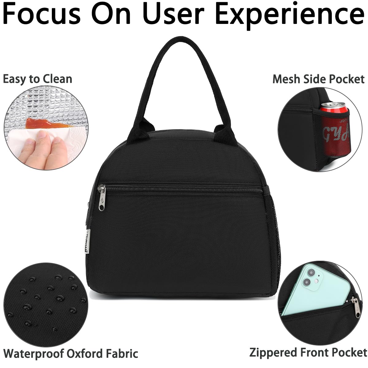 GYEUKHAM Lunch Bag Women, Lunch Box for Adult Men Kids Girls, Small Cute Lunchbox Tote Large Capacity Insulated Lunch Container Cooler for Work School Picnic Travel, Black