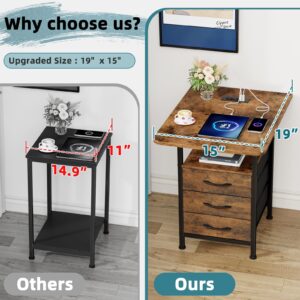 GYIIYUO Night Stand Set 2 with 19'' D Larger Tabletop and 3 Fabric Drawer, Bedside Tables with Fast Charging Station, Spacious Storage, Large Side Tables for Bedroom, Rustic Brown