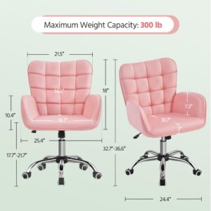 Yaheetech Faux Leather Office Chair Modern Vanity Chair Ergonomic Adjustable Makeup Chair with Padded Armrests Big Seat for Office, Study, Home, Pink