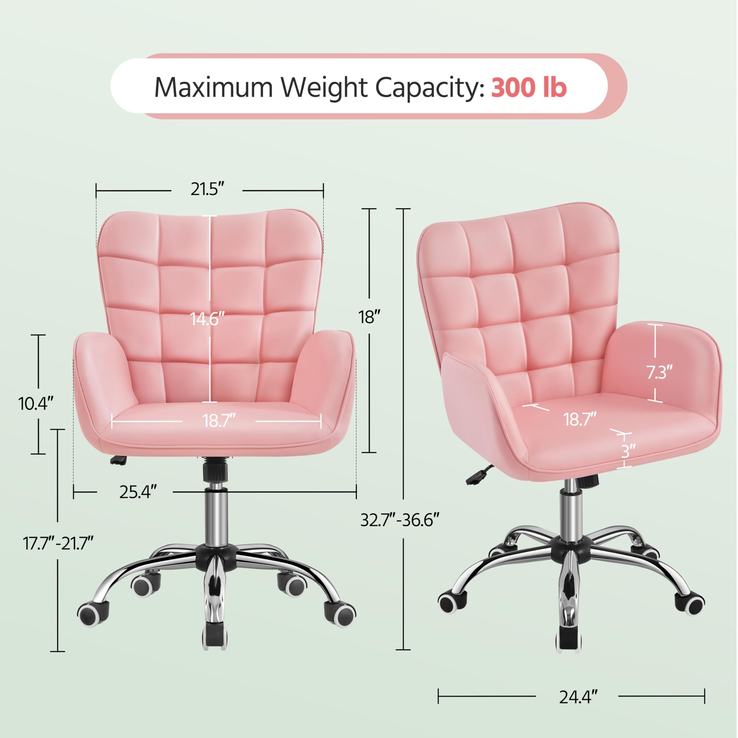 Yaheetech Faux Leather Office Chair Modern Vanity Chair Ergonomic Adjustable Makeup Chair with Padded Armrests Big Seat for Office, Study, Home, Pink