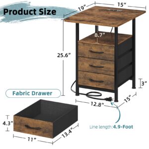 GYIIYUO Night Stand Set 2 with 19'' D Larger Tabletop and 3 Fabric Drawer, Bedside Tables with Fast Charging Station, Spacious Storage, Large Side Tables for Bedroom, Rustic Brown