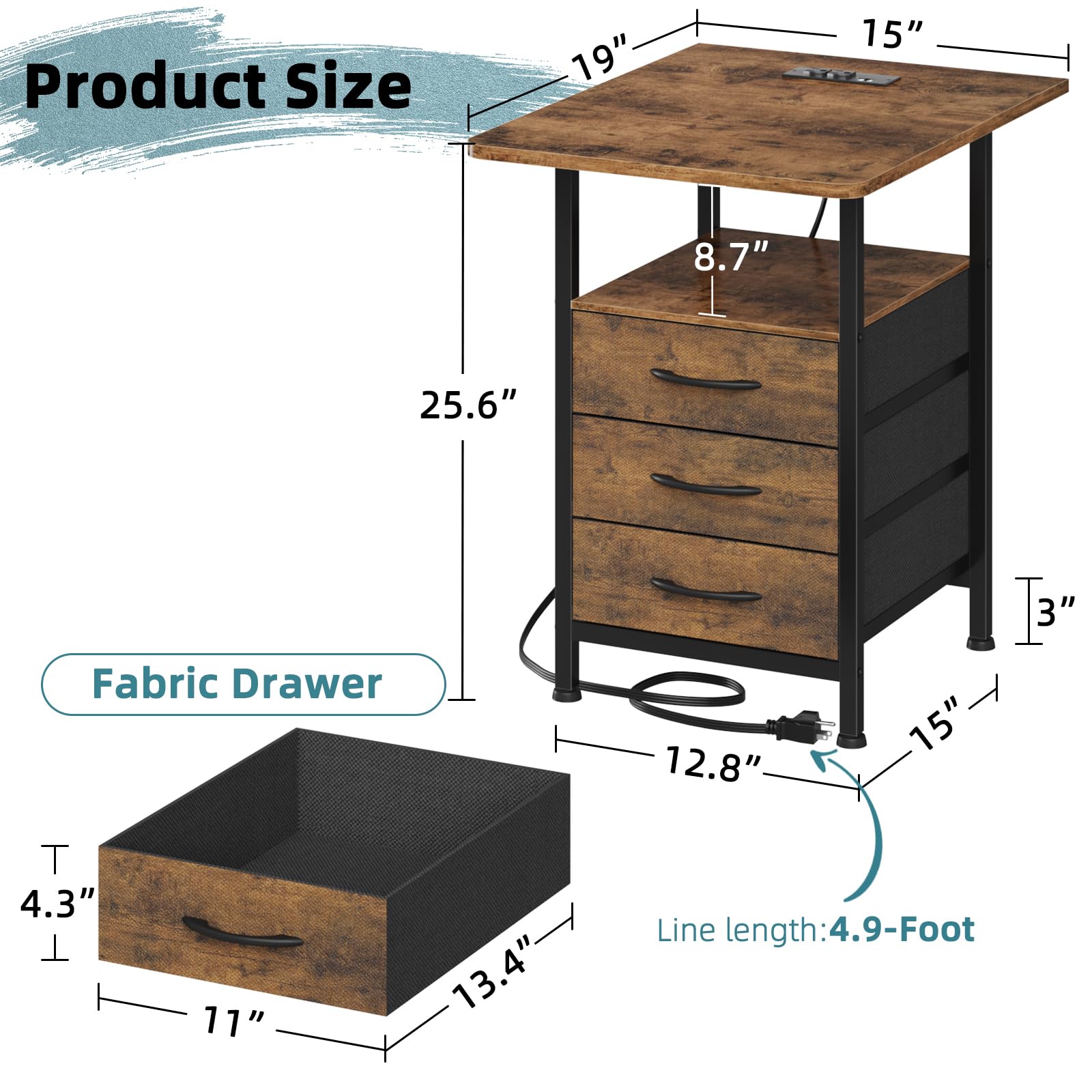 GYIIYUO Night Stand Set 2 with 19'' D Larger Tabletop and 3 Fabric Drawer, Bedside Tables with Fast Charging Station, Spacious Storage, Large Side Tables for Bedroom, Rustic Brown