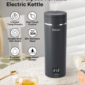 Sekaer Travel Portable Electric Kettle, Small Tea Kettle Coffee Mini Hot Water Boiler, 400mL & 304 Stainless Steel, with 4 Variable Presets and Auto Shut-Off SKE-840G