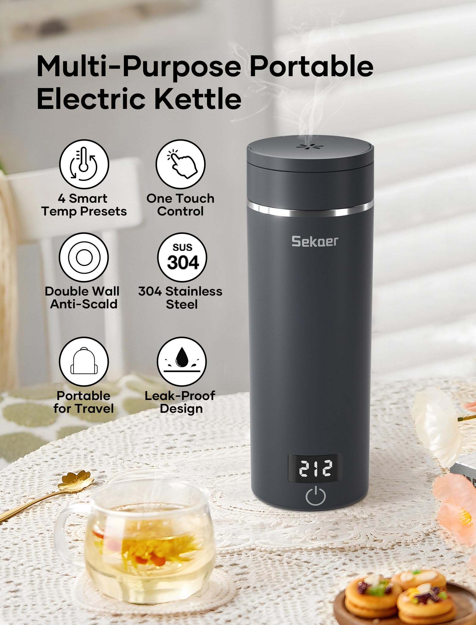 Sekaer Travel Portable Electric Kettle, Small Tea Kettle Coffee Mini Hot Water Boiler, 400mL & 304 Stainless Steel, with 4 Variable Presets and Auto Shut-Off SKE-840G