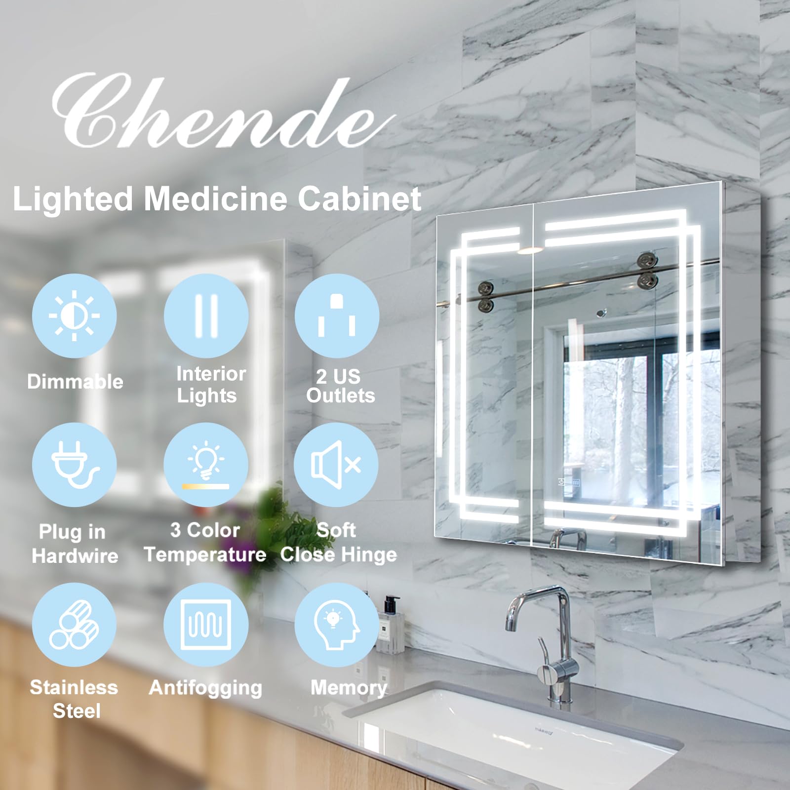 Chende 30" H x 32" W Bathroom Medicine Cabinet Mirror and Lights, Lighted Medicine Cabinet with 2 Sockets and Inside Lights, Stainless Steel LED Cabinet