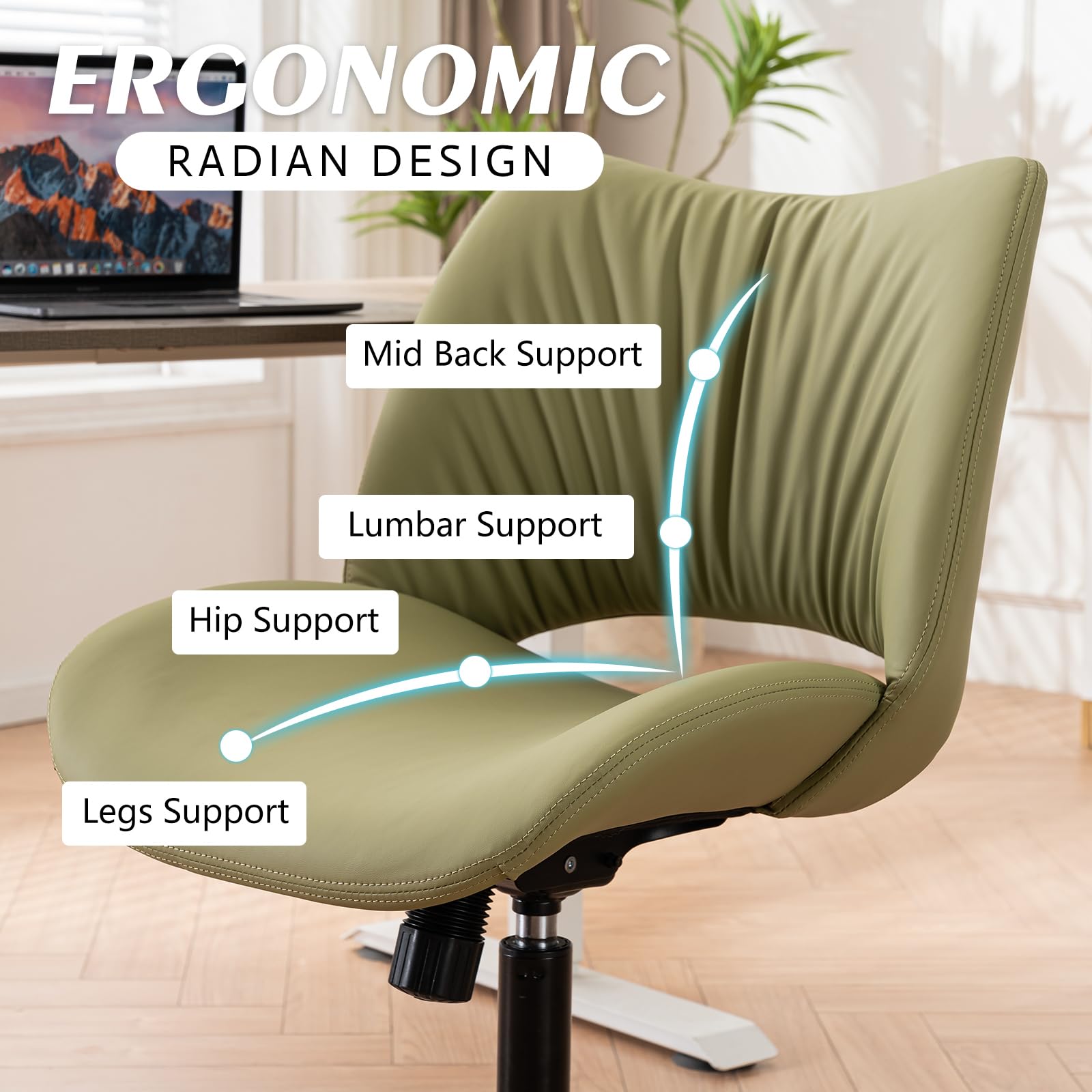 YOUTASTE Home Desk Chair Ergonomic Office Chair Armless Rolling Task Chair Leather Computer Chair of Height Adjustable and Thicked Padded Avocado Green