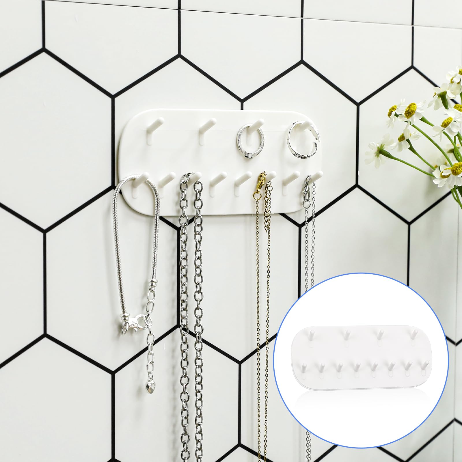 KALIONE Necklace Holder Wall Mounted, Hanging Necklace Holder Necklace Organizer Adhesive Plastic Necklaces Hanger with 6 Jewelry Hooks for Necklaces, Bracelets, Earrings, Keys, White