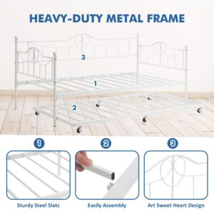 GAOMON Twin Day Bed with Trundle Bed Twin, Metal Daybed with Trundle, Daybed with Trundle Bed Frame, Steel Slat Support Sofa Bed for Kids Teens Adults, No Box Spring Needed, White