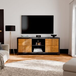 Bme Solid Wood Fluted TV Stand, Fully Assembled TV Media Console, Craft to Last Entertainment Center with Soft Close Door & Adjustable Storage Space, Spacious & Unique Entertainment Stand