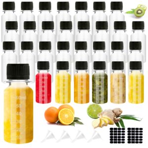 40 pcs 2oz plastic bottles for liquids small clear ginger shots bottles with black caps travel bottles mini water bottle with scale for vanilla hot sauce juice whiskey liquid come with labels,4 funnel