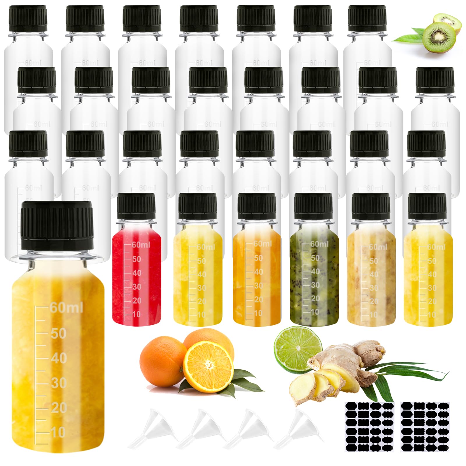 40 Pcs 2oz Plastic Bottles for Liquids Small Clear Ginger Shots Bottles with Black Caps Travel Bottles Mini Water Bottle with Scale for Vanilla Hot Sauce Juice Whiskey Liquid come with Labels,4 Funnel