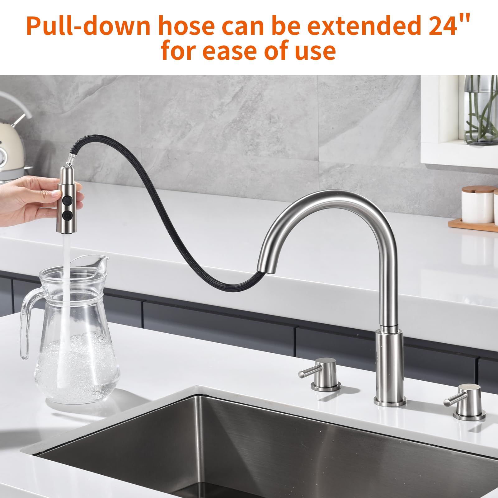 RULIA Brand, Double Handle Kitchen Faucet, 3 Holes Sink Faucet, Pull Down, Brushed Nickel, Stainless Steel, RB1063