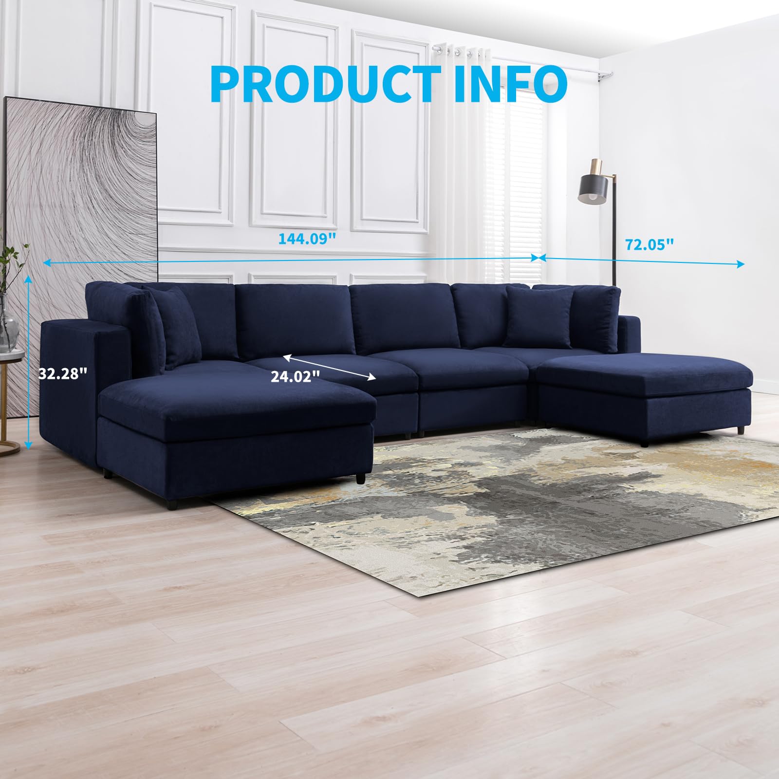 Mjkone 144'' Oversized U Shape Sectional Sofa Couch with Reversible Ottoman. 6 Pieces Modular Sofa Couch with 2 Free Cushions. Free Combination, Living Room Furniture, Deep Blue