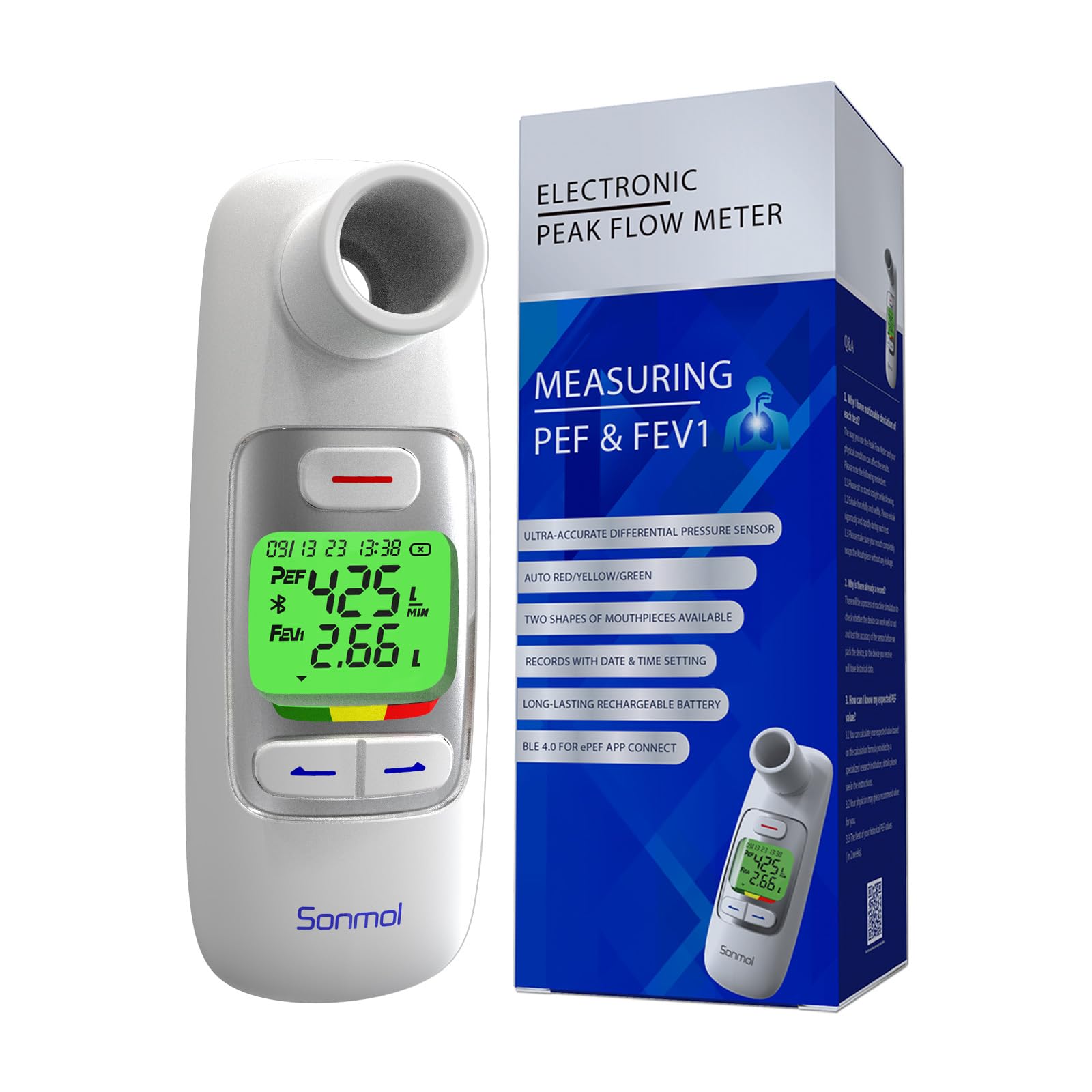 Peak Flow Meter，Portable Peak Flow Meter Test PEF & FEV1 for Kids Adults Asthma COPD & Other Lung Conditions Monitor, Tracking App Bluetooth Connection with 300 Records Storage Function