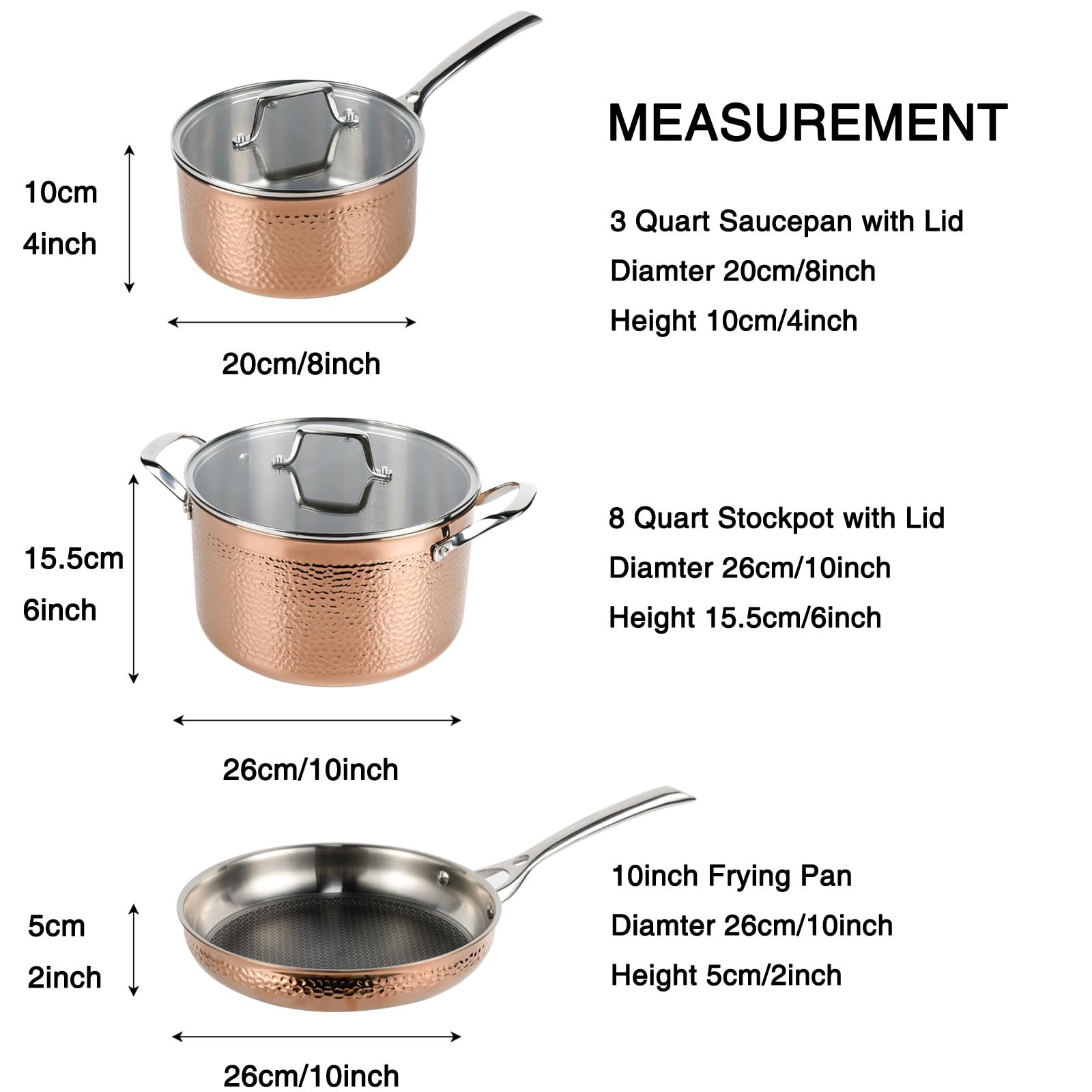 Cyrder Stainless Steel Pots and Pans Set, Luxury Tri-Ply Hammered Kitchenware Cookware with Lids, Heavy Duty & Non-Toxic Rose Gold Special Hammered Pattern Detail, 5-Piece