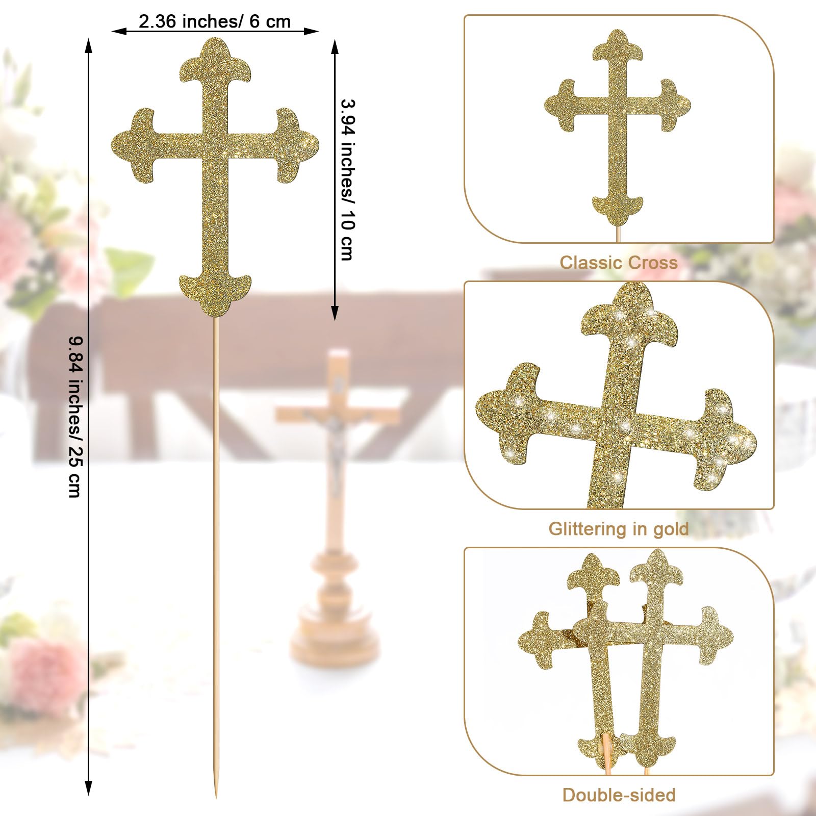 Menkxi 30 Pcs Baptism Gold Glitter Cross Centerpiece Sticks 10" Double Side Cross Baby Shower Cake Toppers Centerpieces for Tables Wedding Birthday Party Religious Christening Decoration