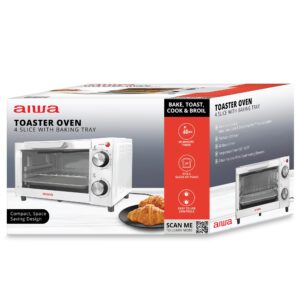 Aiwa 750W Toaster Oven 4 Slice with Baking Tray, Bake Toast Cook and Broil, Temperature Control, 60 Minute Timer Knob, Automatic Shutoff, Baking Tray and Crumb Tray Included