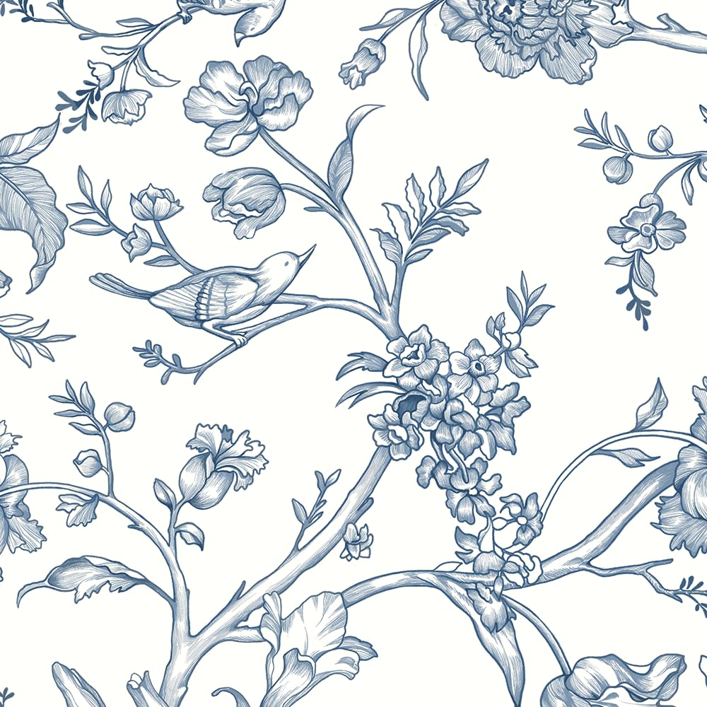 Safiyya Peel and Stick Wallpaper Floral Birds Contact Paper Blue White Wallpaper Peel and Stick Removable Wallpaper Boho Wallpaper Flower Contact Paper for Walls Vinyl Rolls 118"x17.3"