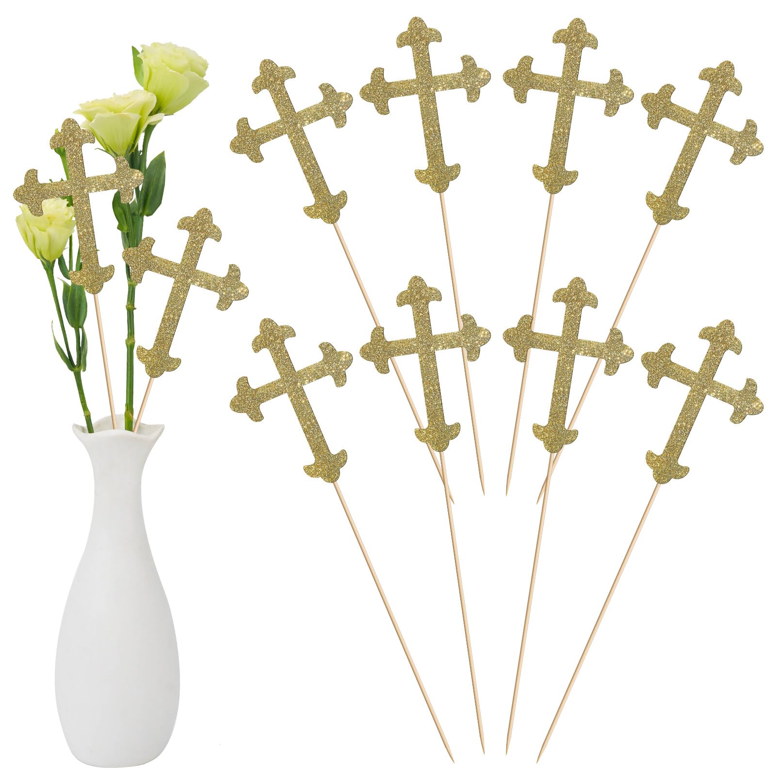 Menkxi 30 Pcs Baptism Gold Glitter Cross Centerpiece Sticks 10" Double Side Cross Baby Shower Cake Toppers Centerpieces for Tables Wedding Birthday Party Religious Christening Decoration