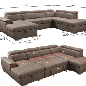 THSUPER 127'' Microfiber Oversized U-Shaped Sectional Sleeper Sofa Couch with Pullout Bed, 7 Seats Couch with Adjustable Headrests, Sofa with Storage Chaise and Ottoman for Living Room. Light Brown