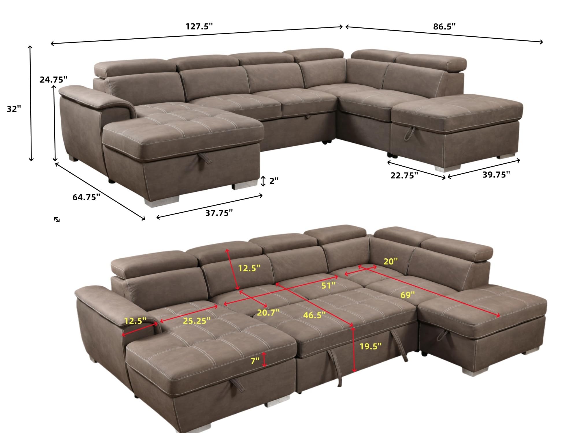 THSUPER 127'' Microfiber Oversized U-Shaped Sectional Sleeper Sofa Couch with Pullout Bed, 7 Seats Couch with Adjustable Headrests, Sofa with Storage Chaise and Ottoman for Living Room. Light Brown